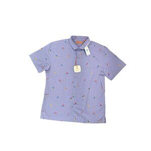 Tori Richard Bird Cage Parrot Embroidered Short Sleeve Shirt Men Large Purple